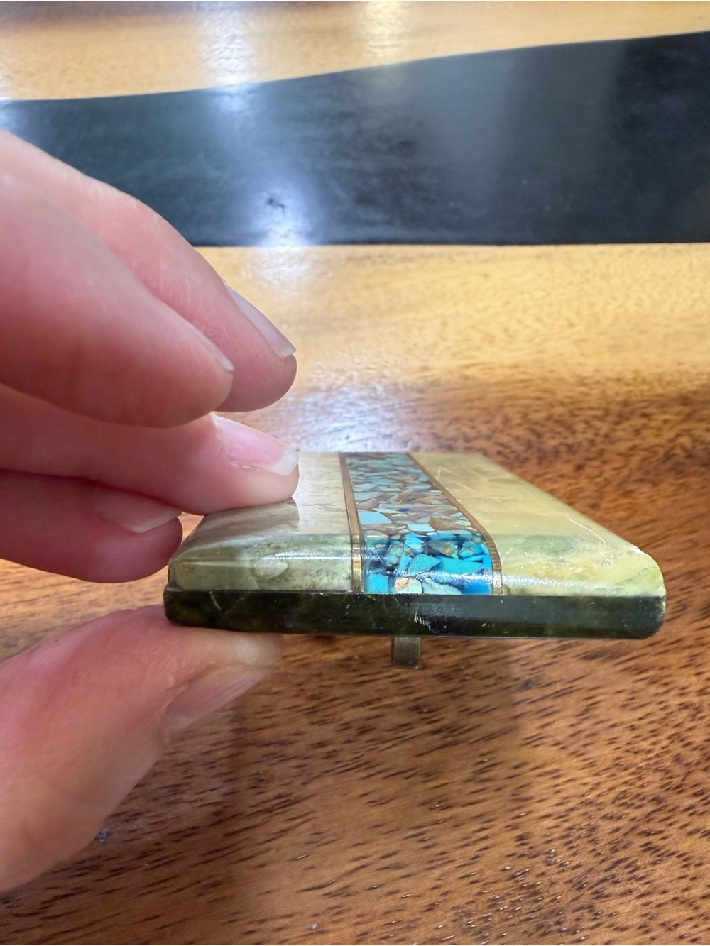 Inlaid Polished Stone Belt Buckle with Turquoise Mosaic - Picture 4 of 5